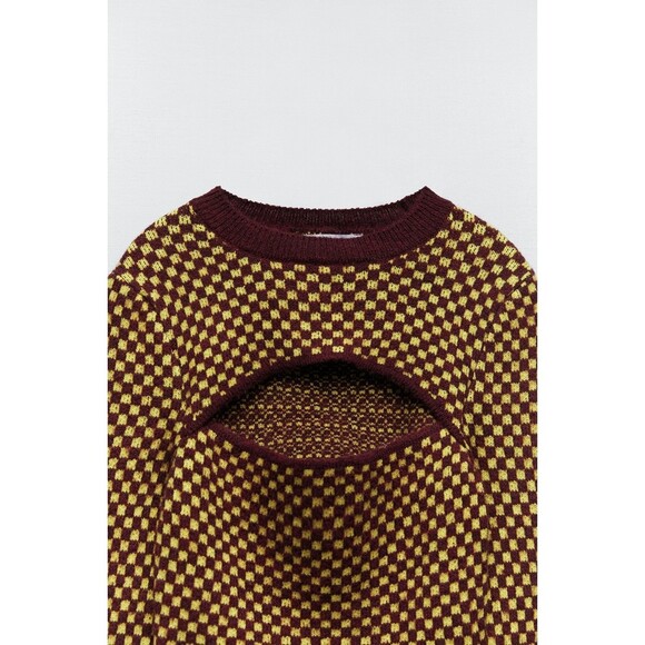 Zara Checkered Cut-Out Jacquard Long Sleeve Pullover Sweater (NWT) - Picture 6 of 8